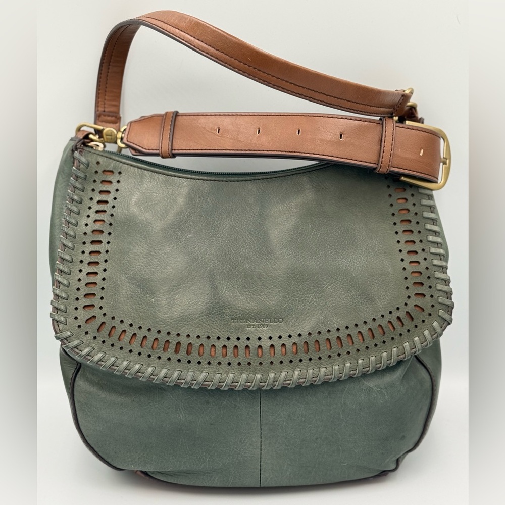 Tignanello Green Leather Shoulder Bag with Brown Strap and Whipstitch Detail